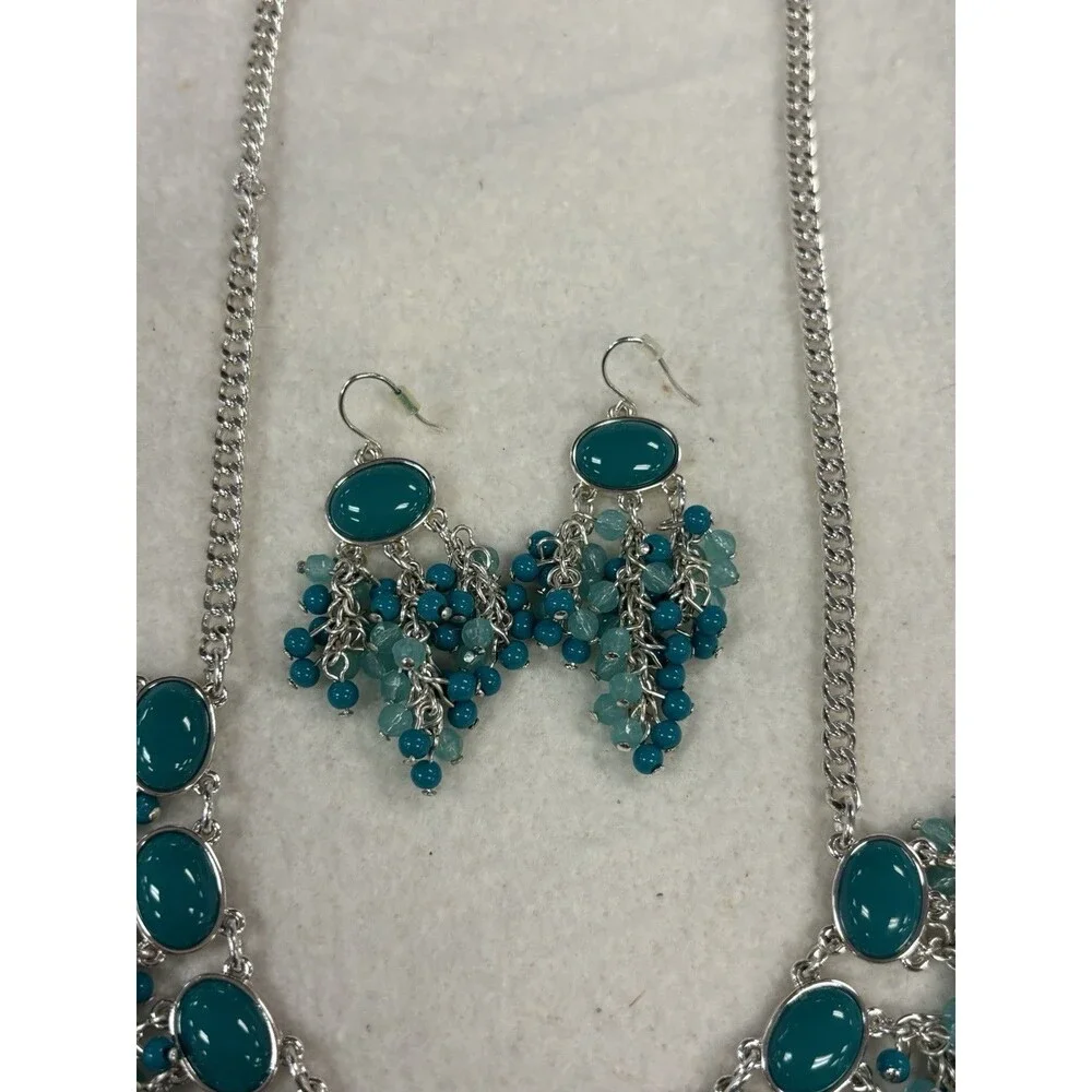 Teal Aqua Beaded Fringe Bib Necklace Earrings Set Silver Tone Statement 24in